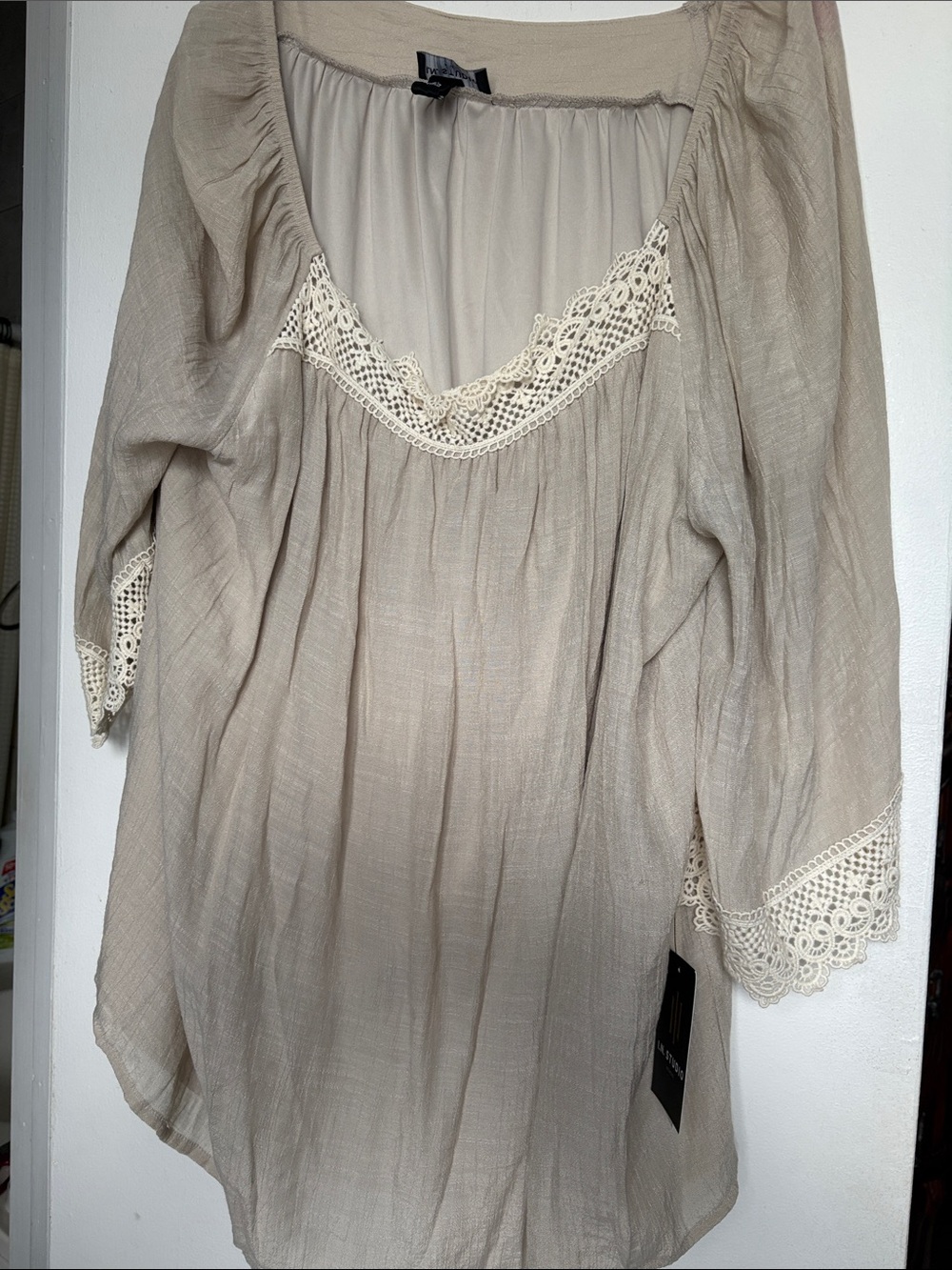 I.N. Studio Cream Lace-Trim Boho Tunic